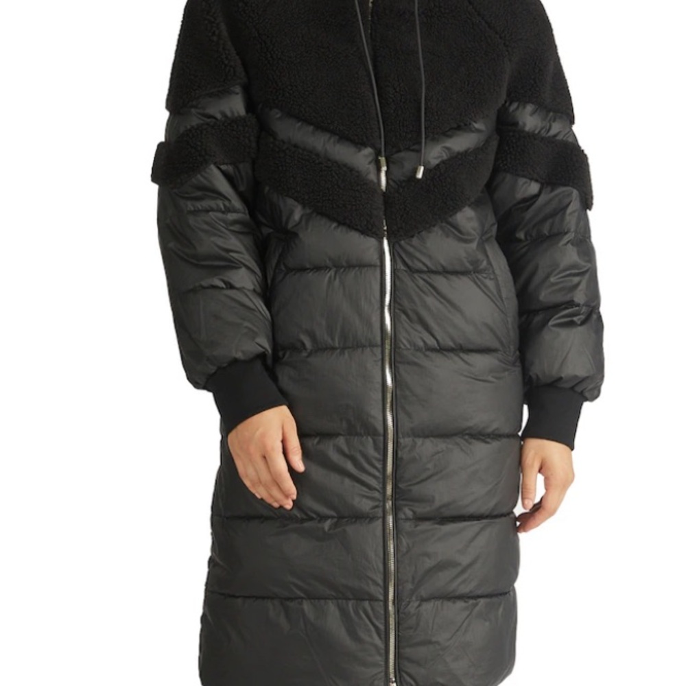 NVLT Black Long Puffer Coat with Sherpa Yoke
